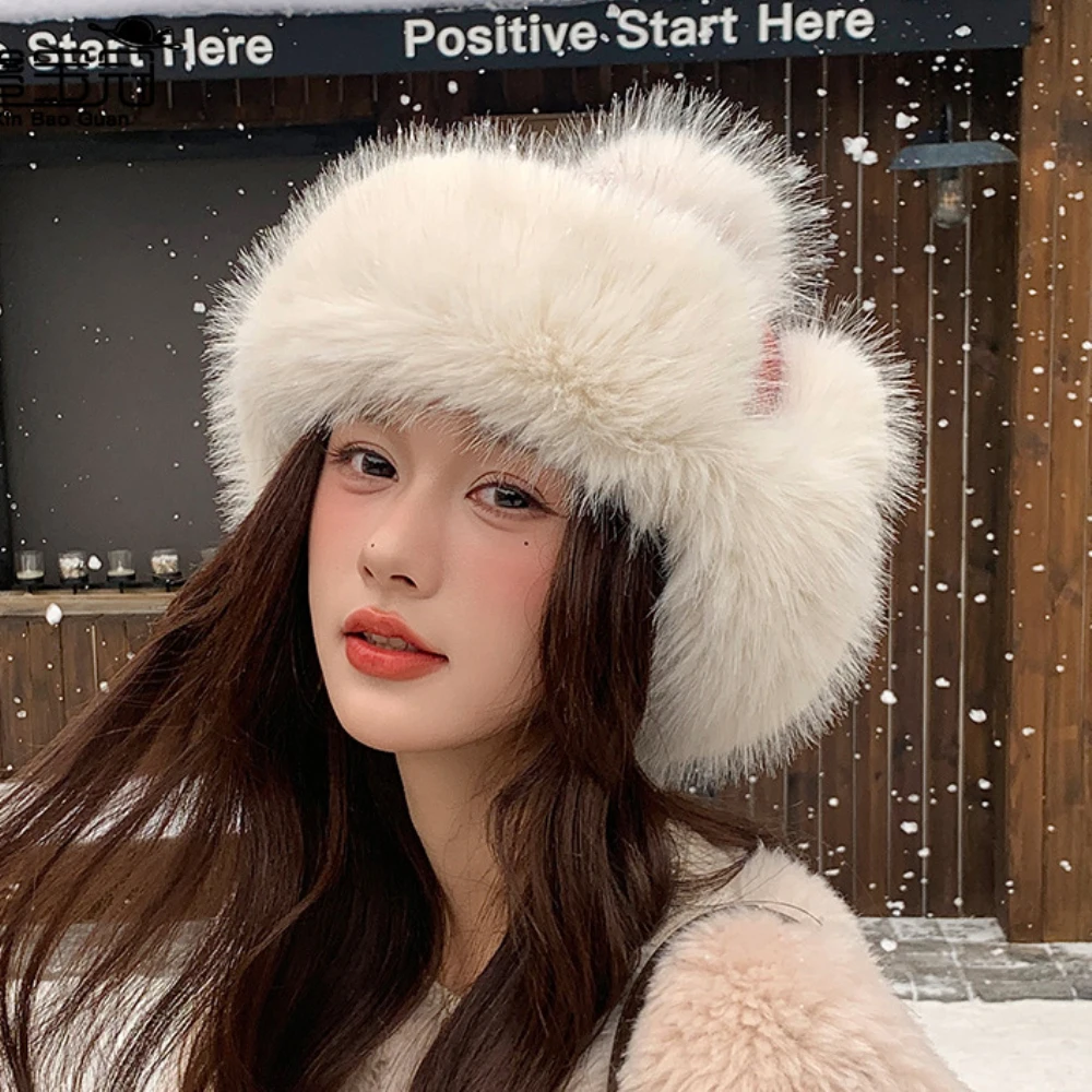 Gorro ruso HT4915 Ushanka, gorro de piel grueso y esponjoso para mujer, gorro con orejeras para esquí y nieve, gorro tejido para mujer, gorros, gorros de bombardero