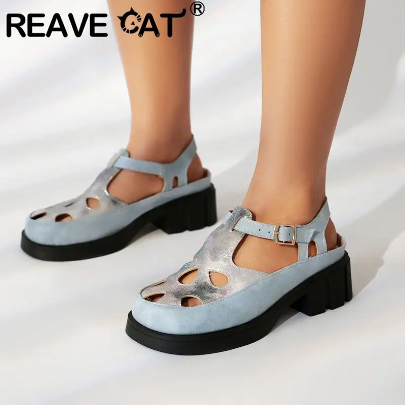 REAVE CAT 2024 Net Summer School Girls Sandals Platform Thick Heels 4cm T-strap Size 42 43 Mixed Color Shoes