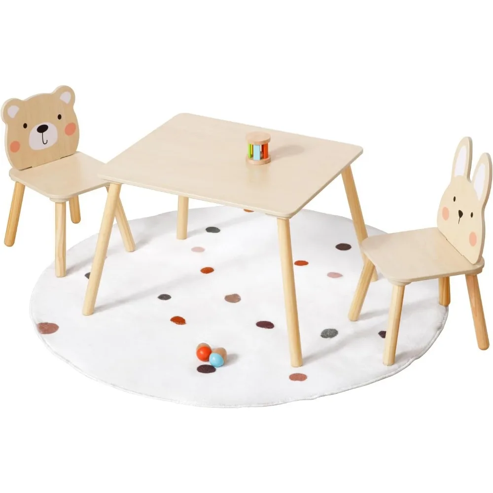 Juego de mesa y sillas de madera para niños, juego de sillas de mesa adorables para niños pequeños de escritorio impermeable con 2 sillas de animales