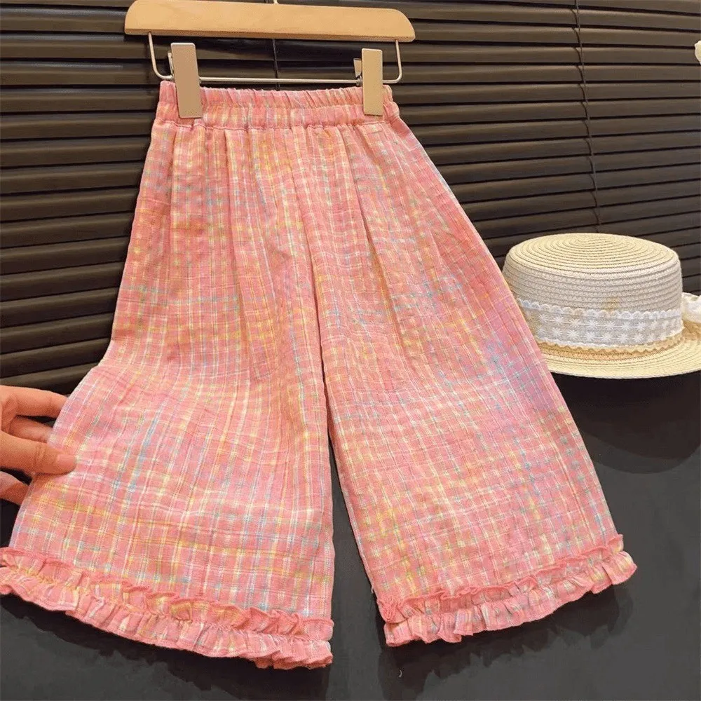 Bear Leader Children\'s Clothing Girls\' Pink Clothing Summer Lace Contrasting Plaid Tank Top+Wide Leg Pants Two-piece Sets