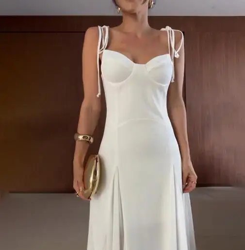 فستان صيفي جديد مثير وعصري بلون سادة برباط للنساء، فستان أنيق بخصر على شكل حرف V وشفاف شفاف