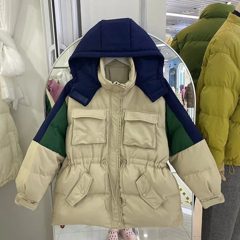 

2023 Winter New Women Drawstring Hooded Warm Cotton Coat Fashion Female Jackets Thick Casual Contrast Parkas