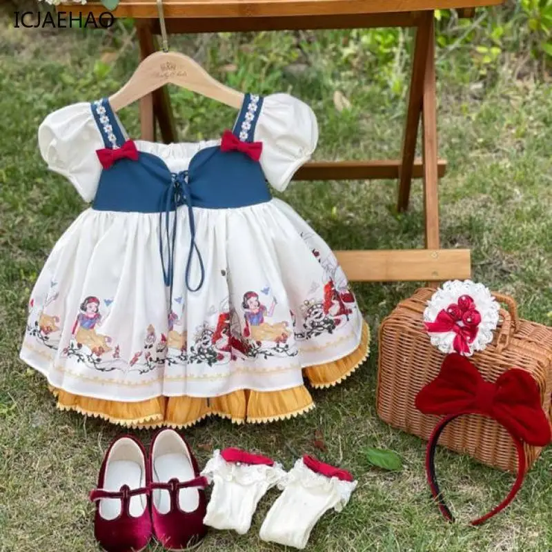 

ICJAEHAO 2025 Lolita Girl Dress Bubble Sleeves Kids Girls Birthday Party High Quality Clothes with Bow Elegant Children Frock