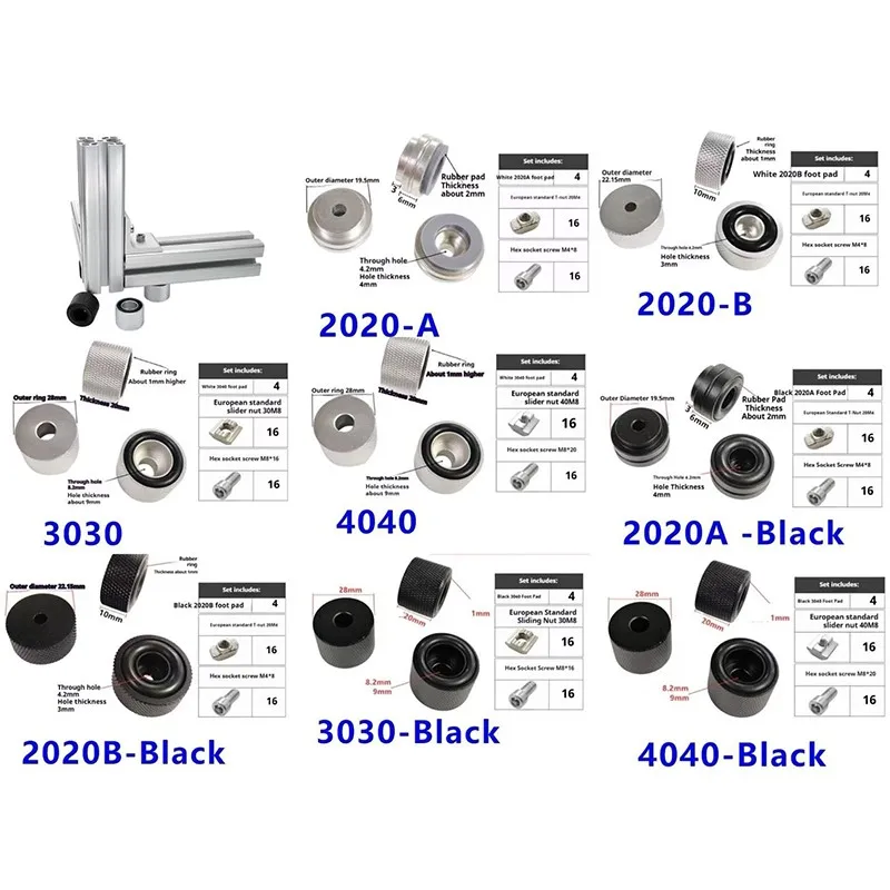 4pcs 2020 3030 4040 Aluminum Rod Connector Eu Standard 2020 Aluminum Profile Foot Pad Anti-vibration and Anti-skid Support Feet
