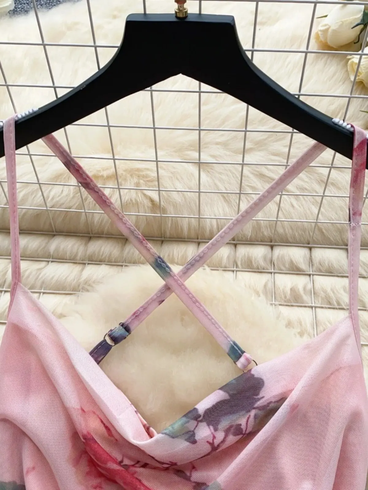 Foamlina 2025 Floral Print Mesh Long Dress Women Spaghetti Strap Hollow Out Ruffled Neck Sleeveless Bodycon Maxi Summer Wear