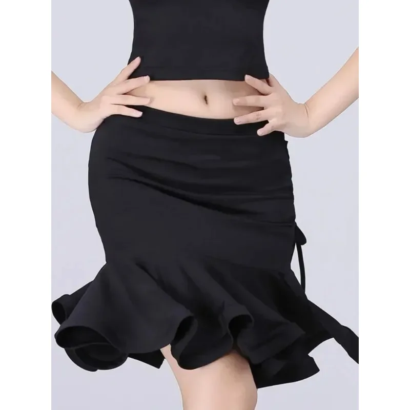 High Waist Latin Dance Practice Split Skirts Women Waltz Costume Classical Solid Color Competition Line Jazz Drawstring Skirt