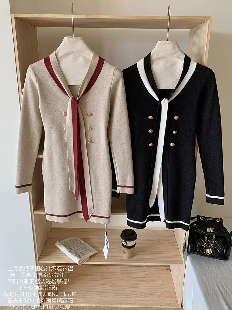 Jesień Zima Kobiety Francuski Vintage Suknia Na Studniówkę Old Money Dzianinowa Sukienka V-Neck Kobiety Eleganckie Estetyczne Wieczorowe Sukienki Z
