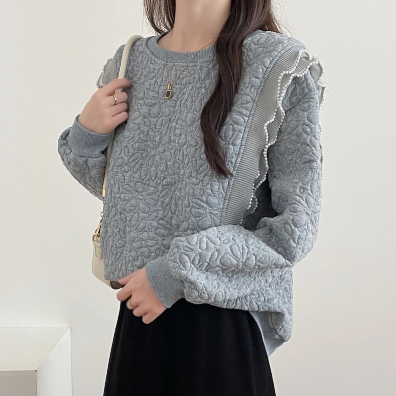 

Модная свободная женская толстовка с жемчужным декором, повседневная удобная верхняя одежда из полиэфирного волокна для девочек