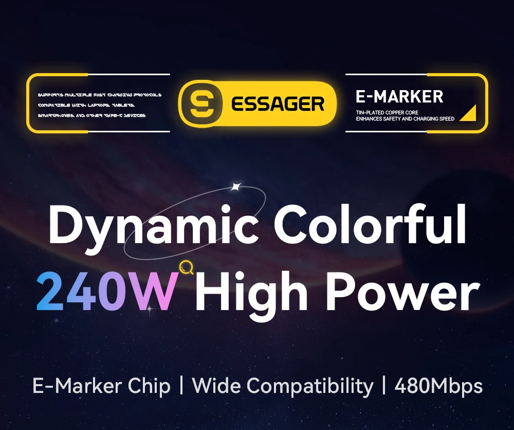 Essager 240W E-Marker Typ-C zu Typ-C Kabel 5A PD3.1 Schnellladung für MacBook Laptop iPhone 17 16 Pro Max iPad Samsung S26 S25 – Detail 1