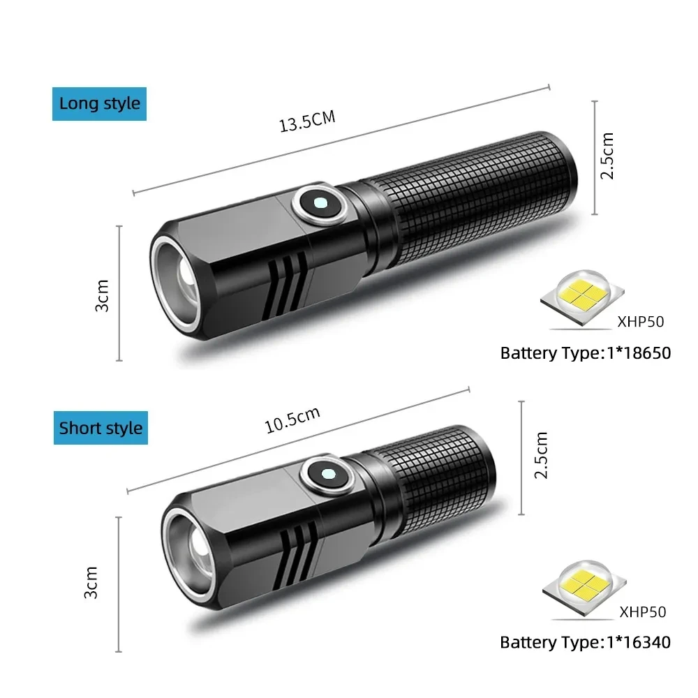 ไฟฉาย LED ชาร์จซ้ำได้กันน้ำ XHP50มินิ USB ซูมได้สำหรับตกปลาไฟฉายยุทธวิธีทรงพลังแสงแคมป์