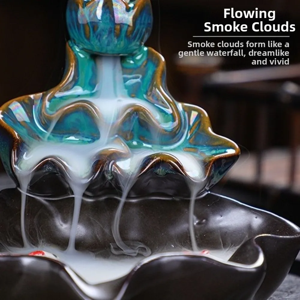Mini Backflow Stick Incense Burner Lotus Shape Decorative Ceramic Censer Lucky Fish Lotus Incense Burner Yoga Space