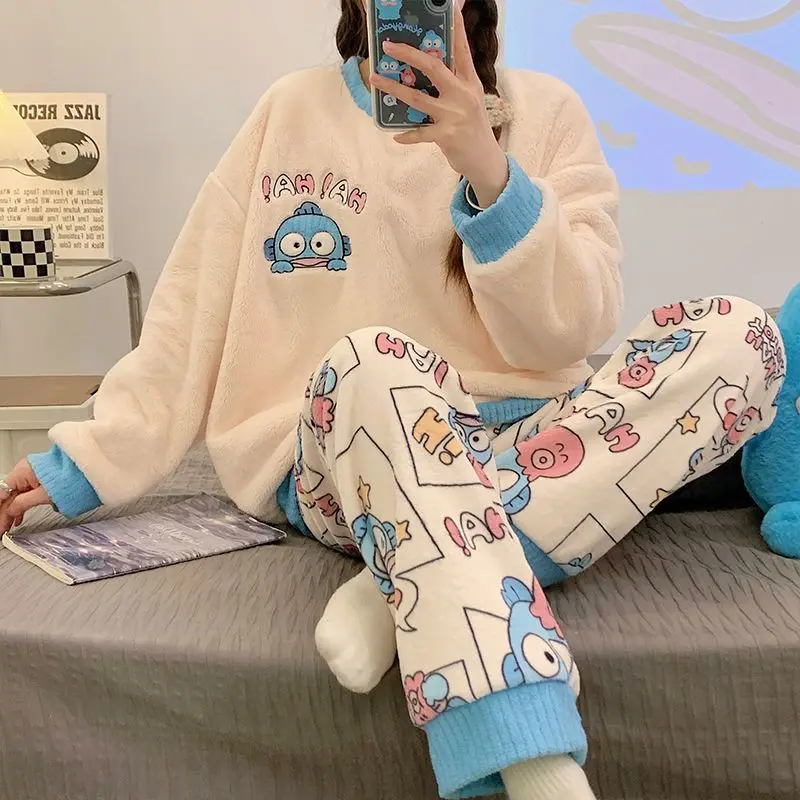 Sanrio Kuromi Girl Flannel Round Neck Winter Keep Warm Pajama Set Kawaii Hangyodon Comic Student Fashion Thickening Leisure Wear