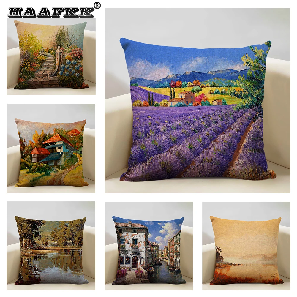 

Beautiful Oil Painting Sofa Decorative Cushion Cover Flower Ocean Landscape Pillow Case Linen Pillowcase Car Chair Home Decor