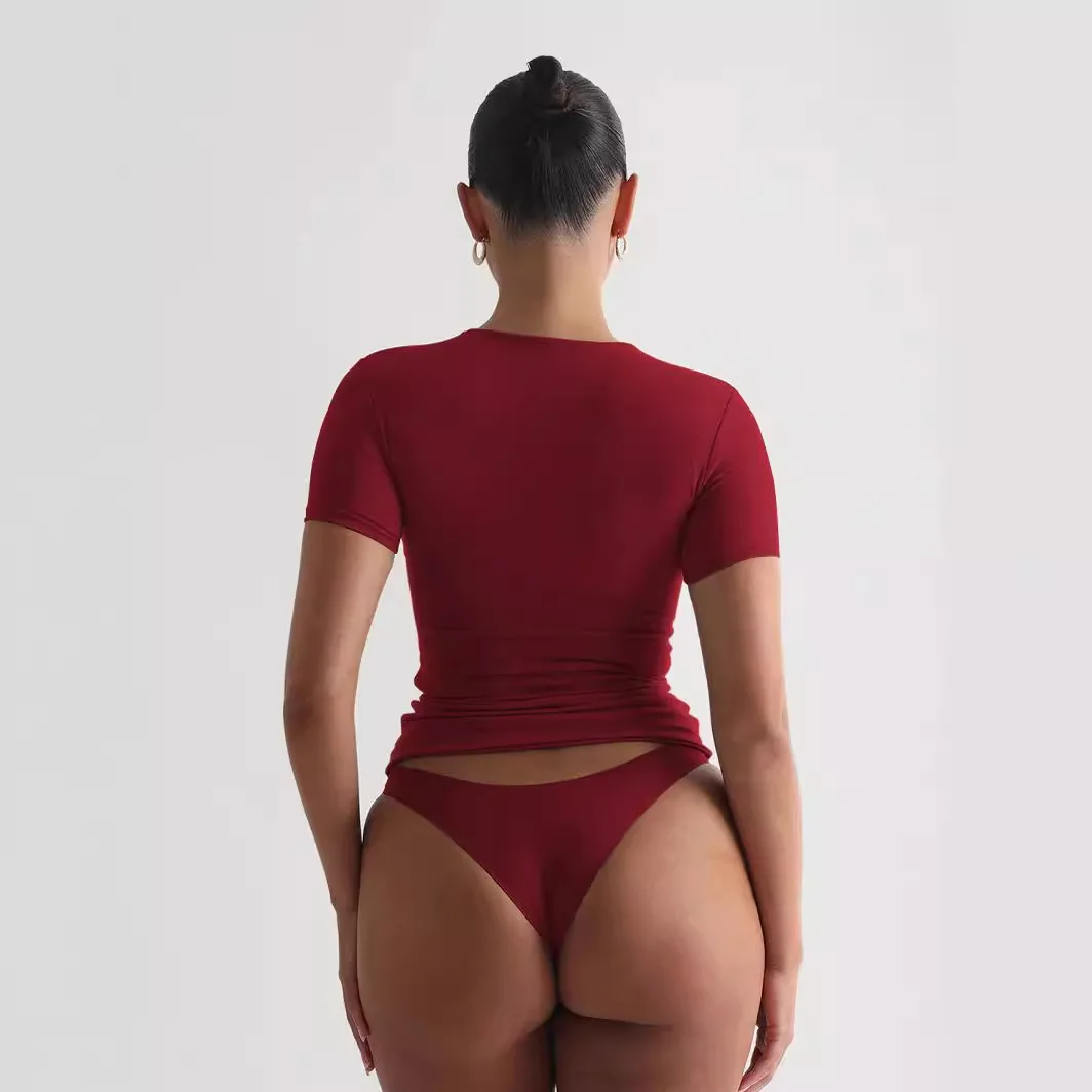 2024년 신상 Y2K 스타일 여성 패션 컬러 오트 슬리브 티셔츠 라운드 넥 슬림핏 섹시 퓨어 디자이어 탑 아론 컬러