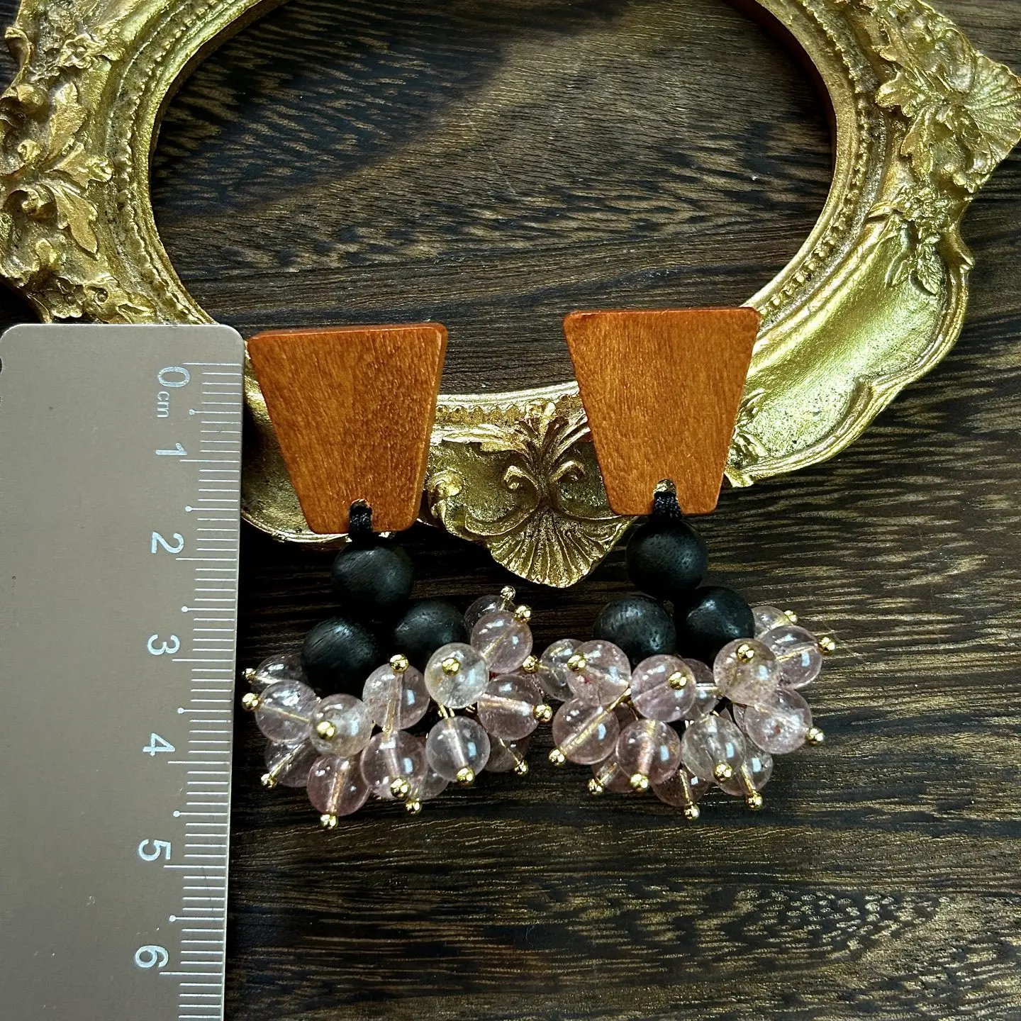 Monies wind natural strawberry crystal flower cluster wooden handmade earrings women's 925 silver needle personality big earring