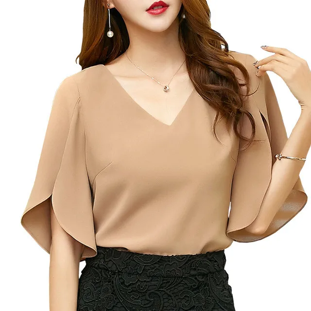 Summer Women Sexy V-neck Chiffon Blouse Short sleeve Plus Size Chiffon shirt womens tops and blouses blusa feminina S-3XL