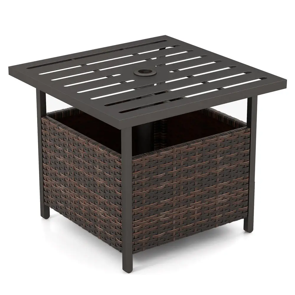 Rattan Coffee Table With Umbrella Hole & Metal Tabletop For Outdoor