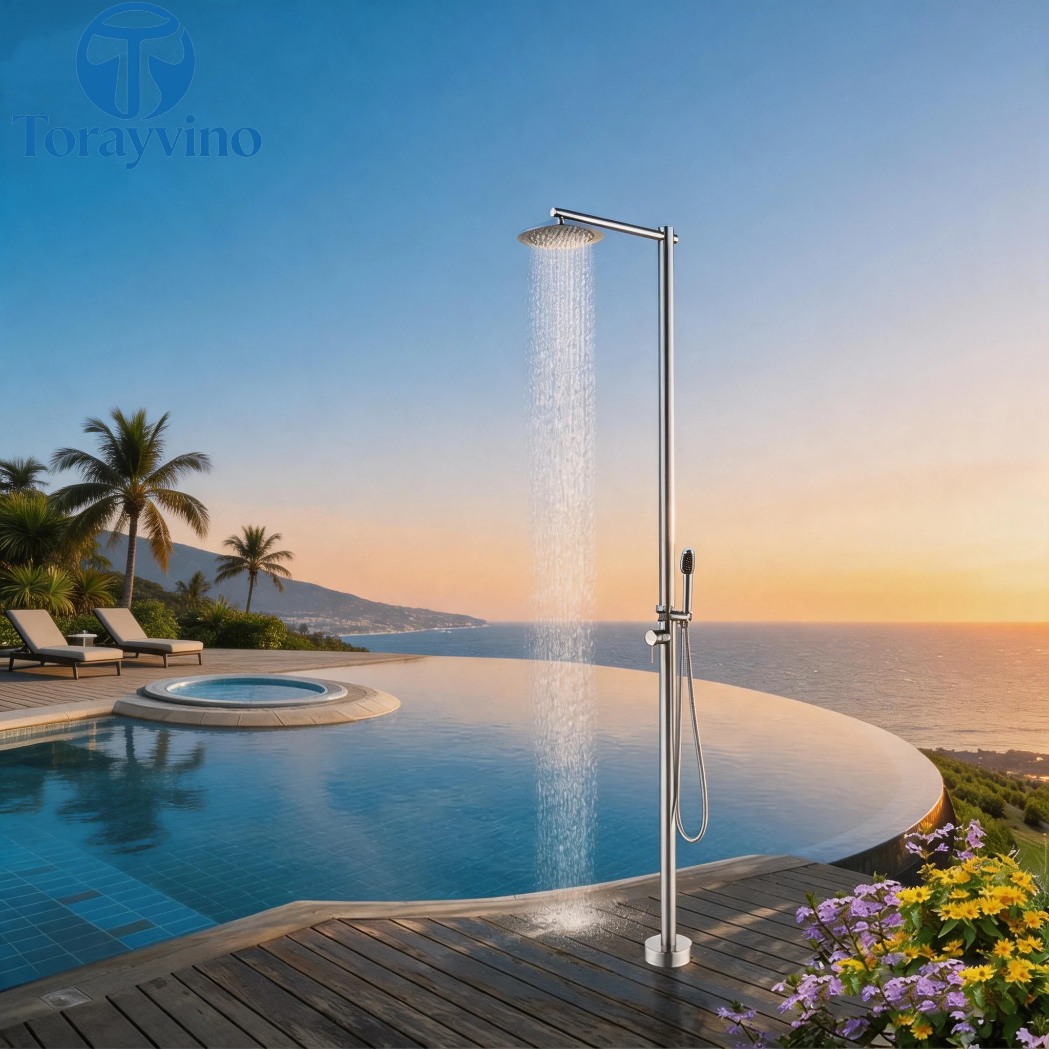 Torayvino Luxury Outdoor Shower Column Garden Beach Waterproof Large Nozzle Swimming Pool Floor standing Rain Shower System Set