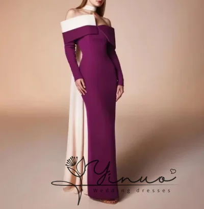 

customized Elegant Off the Shoulder with Ribbons 3/4 Sleeves Evening Dress Contrast Color Jersey Sheath for Saudi Prom Gowns