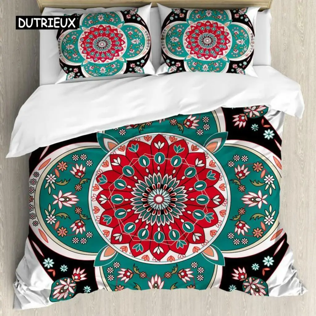 

Mandala Duvet Cover Set Boho Lotus Flower Microcosm Motif Unique Retro Green Theme Double Queen King Size Polyester Qulit Cover