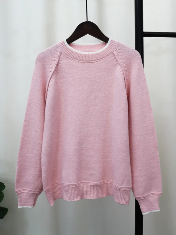 女性用ラウンドネックセーター,対照的な色のニットウェア,韓国のトップス,カジュアル,すべてにマッチ,偽の2ピース,ファッションプルオーバー,秋,冬,新品