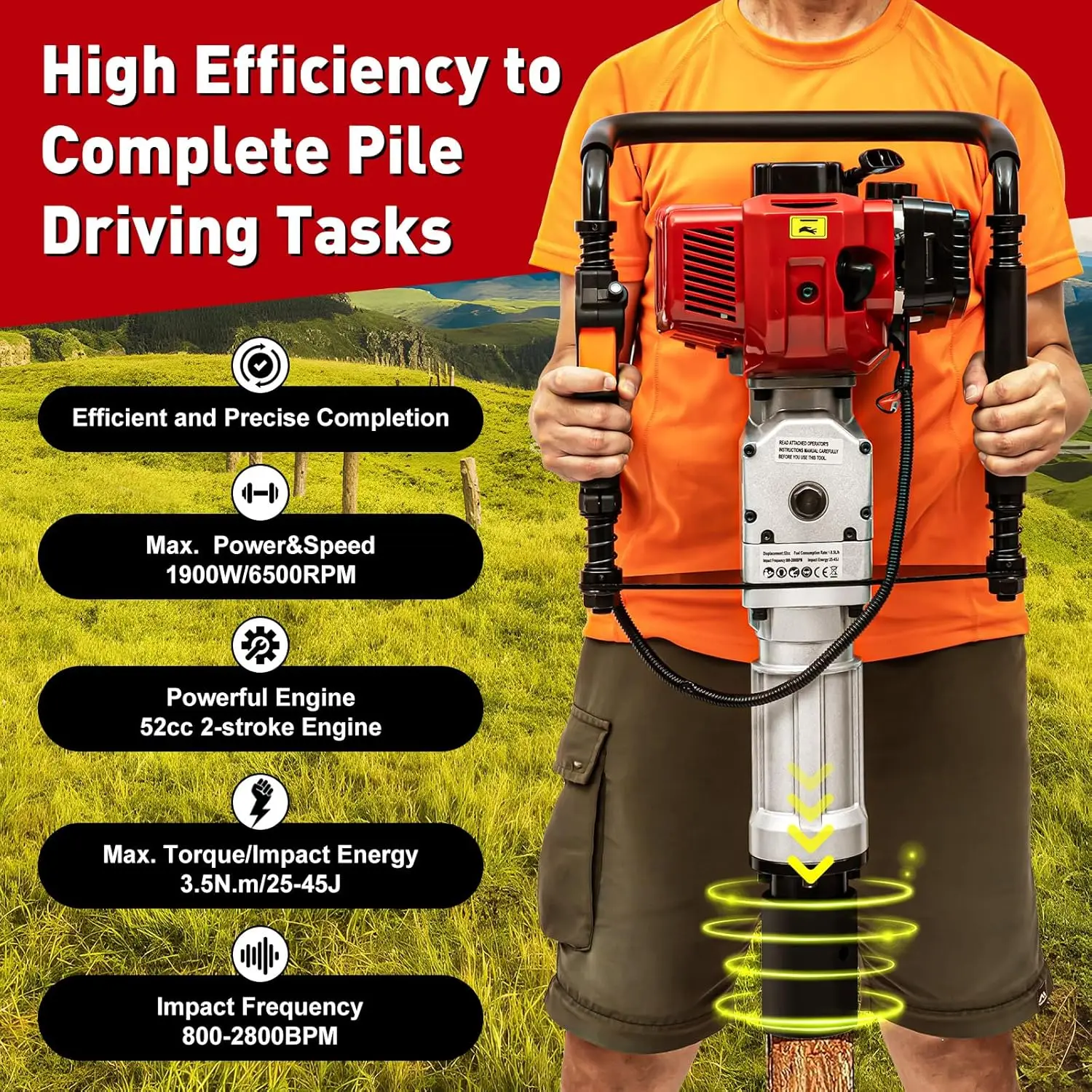 

52CCGas Powered T Post Driver 2 Stroke 1900W Fence Post Driver Petrol Piledriver with 3 Driving Head Air Cooling Single Cylinder