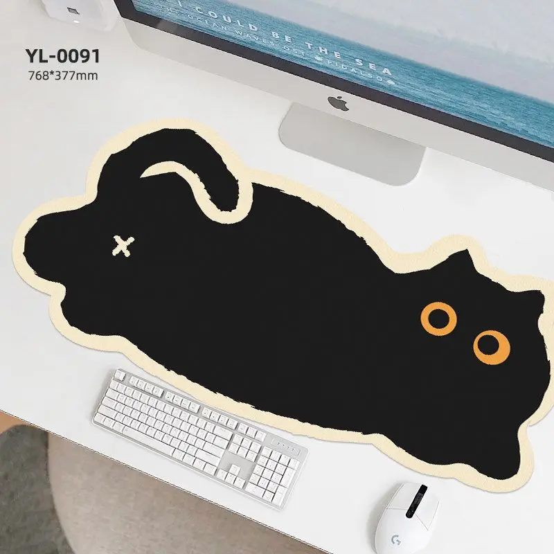 VIKAMA Unique Kawaii Kitty Shape Gaming Desk Pad Cream Outline Irregular Animal Non Slip Base Stitched Edge Extended Mouse Pad