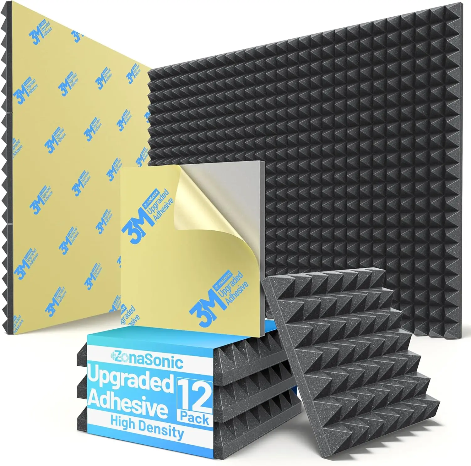 

12 Pack Pyramid Sound Proof Foam Panels for Walls, Self-Adhesive Acoustic Panels for Gaming Studio Decor - Black