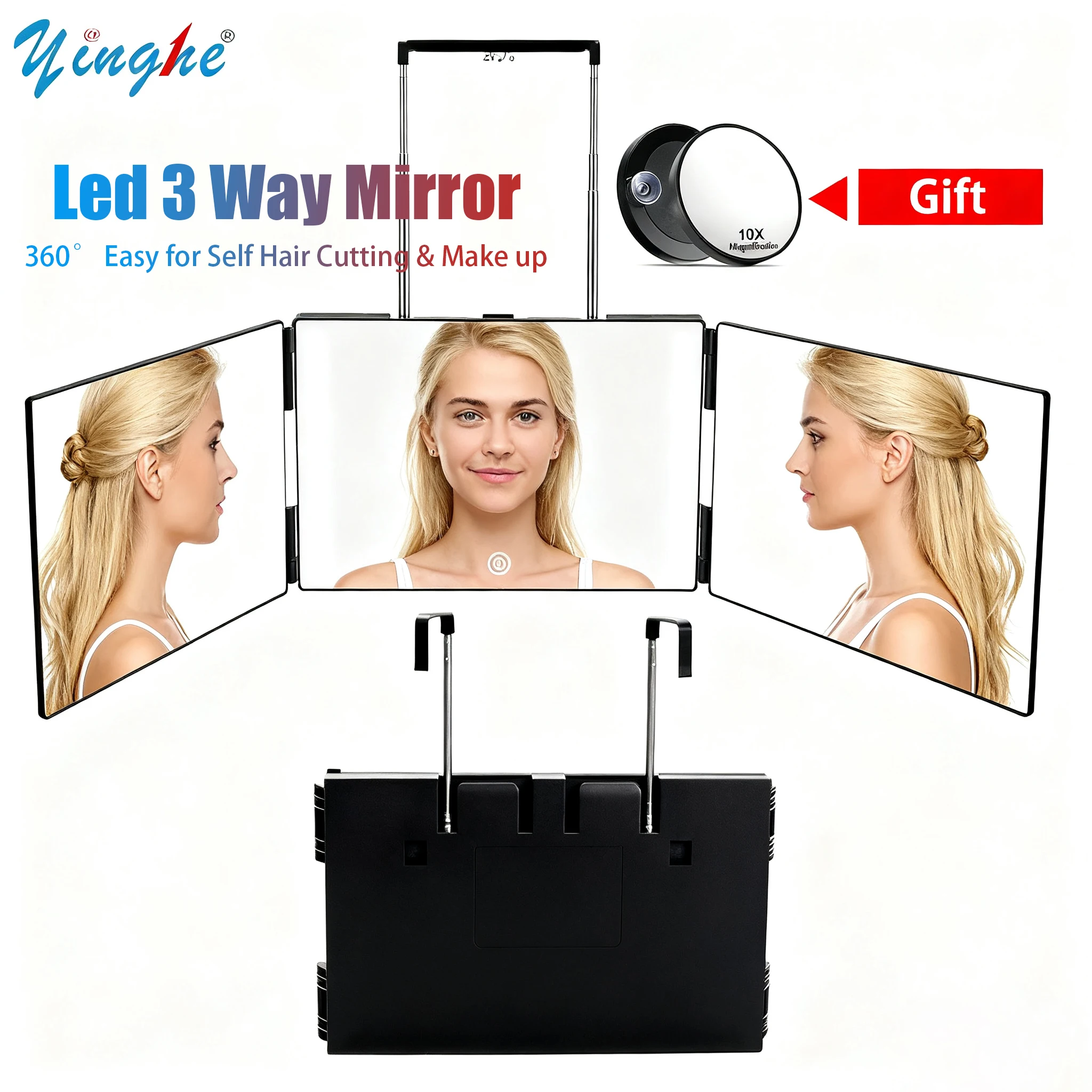 Lusterko do samodzielnego strzyżenia włosów z 3 kierunkami oświetlenia LED - Akumulatorowe, obracane o 360 stopni °   Rotacja z regulacją jasności do farbowania włosów i zaplatania