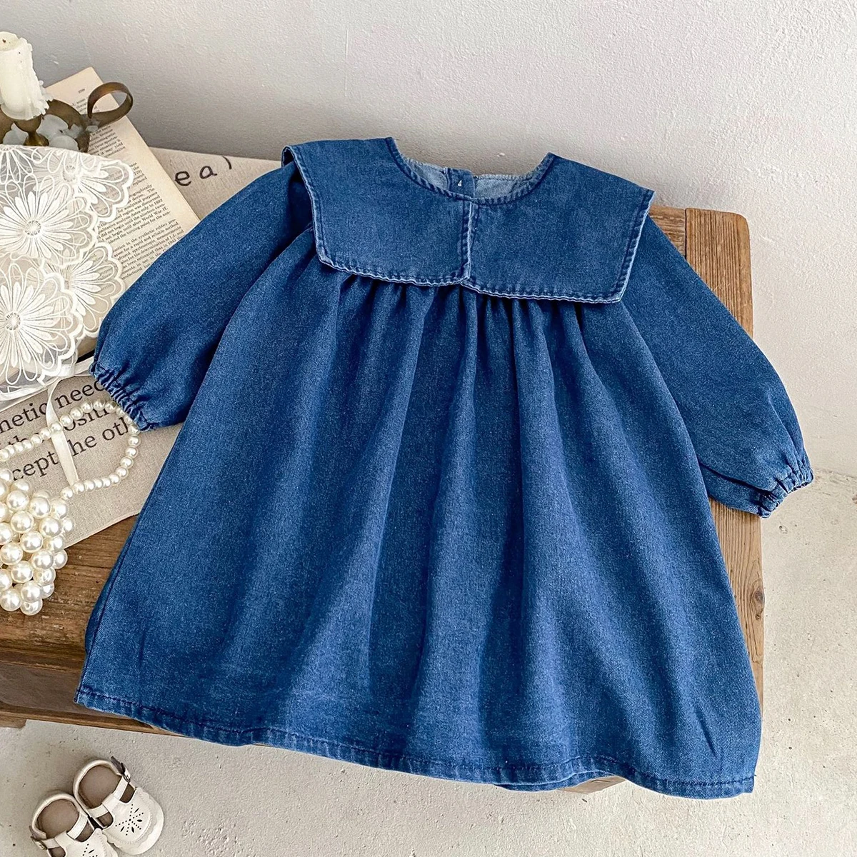 Ins Autumn Dress Children\'s New Fashion Versatile Dress Girls\' Denim Dress sisters Dress Cute Wear Large Fold Collar Skirt