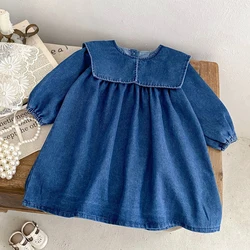 Ins Autumn Dress Children's New Fashion Versatile Dress Girls' Denim Dress sisters Dress Cute Wear Large Fold Collar Skirt