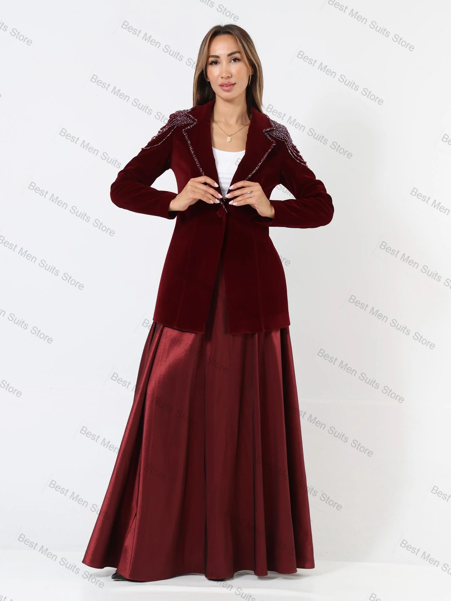 

Burgundy Velvet Women Suit Skirt Set 2 Pcs Crystals Blazer+Prom Dress Winter Formal Office Jacket Customized Wedding Guest Coat