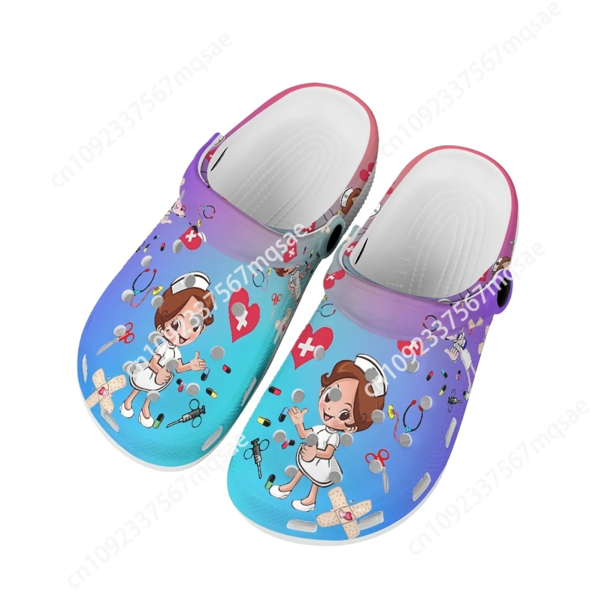 

Custom 2023 Outdoor Casual Slippers Gradient Nurse Medical Care Pattern Hole Shoes for Women Hospital Work Nurse Sandals