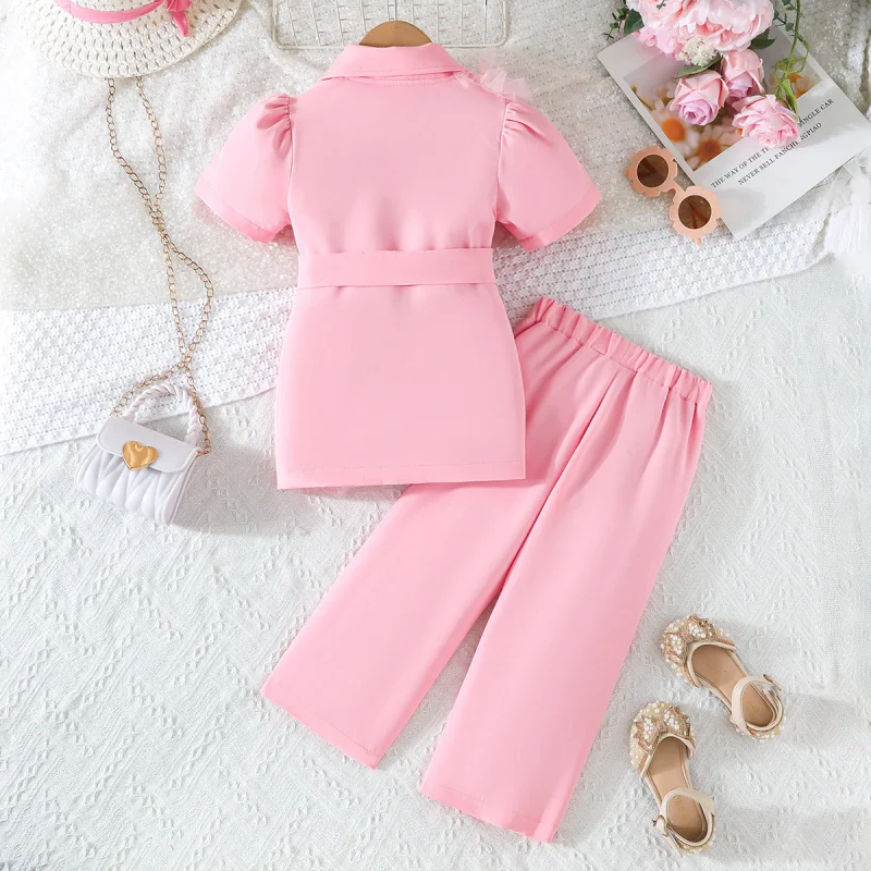 New Summer Girls' Suit Set Rose red mesh patchwork short-sleeved blazer with wide-leg pants
