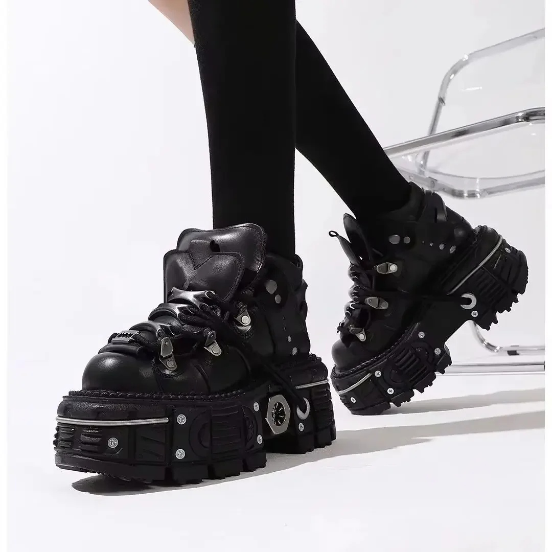 

2025 New Fashion Retro Tank-Soled Shoes Metal High-Top Shoes Thick-Soled Real Leather Shoes Punk Platform Sole Style Shoes Women