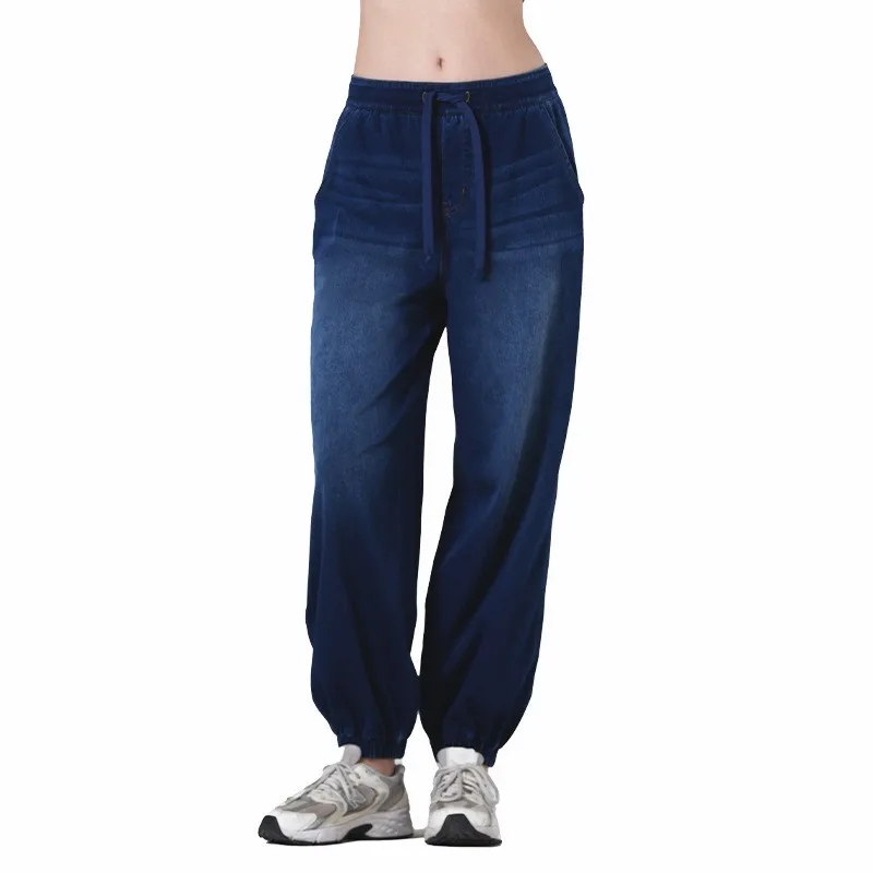 Baggy Jeans Women's Drawstring Denim Pants Loose Fit Distressed Denim Jeans High Elastic Waistband Front Pockets Jeans Pants