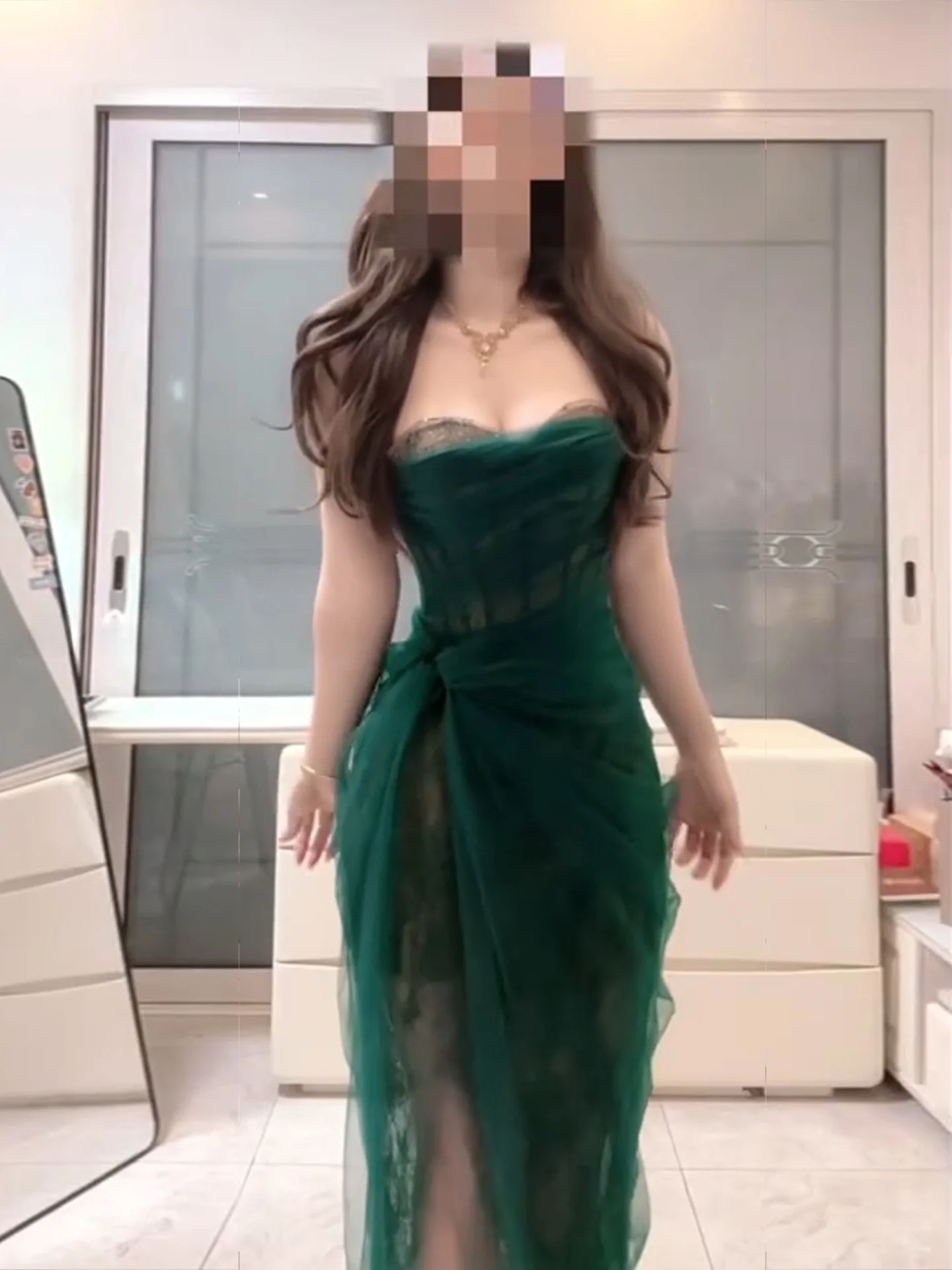 

Keni plus Size Pure Desire Luxury Green Strap Dress Women's Autumn Slightly Plump MM Mesh Birthday Dress Skirt A-Line Long Dress