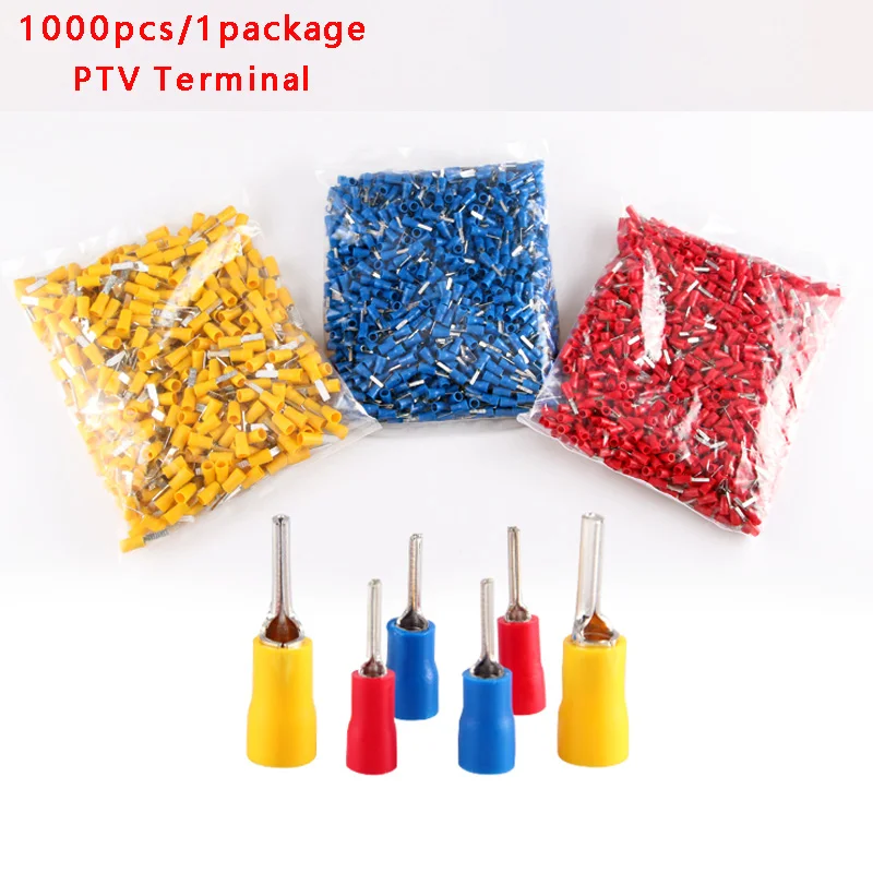 500/1000PCS Insulated pin terminal PTV 2-10PCT1.25-10 PCT5.5-13 Copper wire connectors automotive cable male connector plug