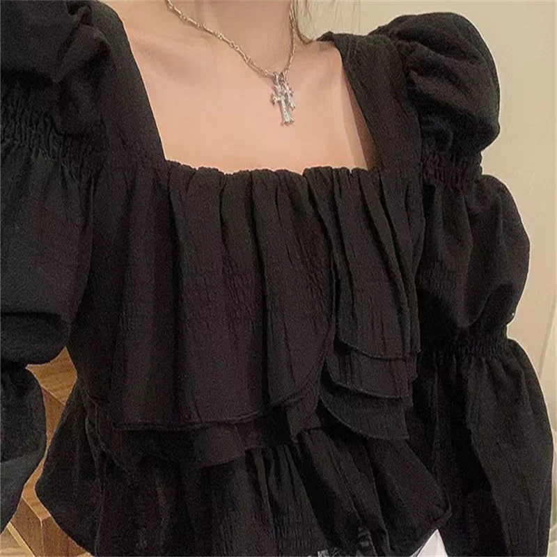 Long Flare Sleeve Blouses Women Elegant Ruffles Crop Top Sweet Korean Casual Purple Solid Fashion Ladies Fairycore  All-match