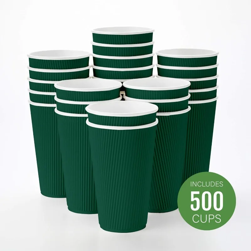 16 Ounce Disposable Coffee Cups 500 Ripple Wall Hot Cups For Coffee - Lids Sold Separately Rolled Rim Forest Green Paper