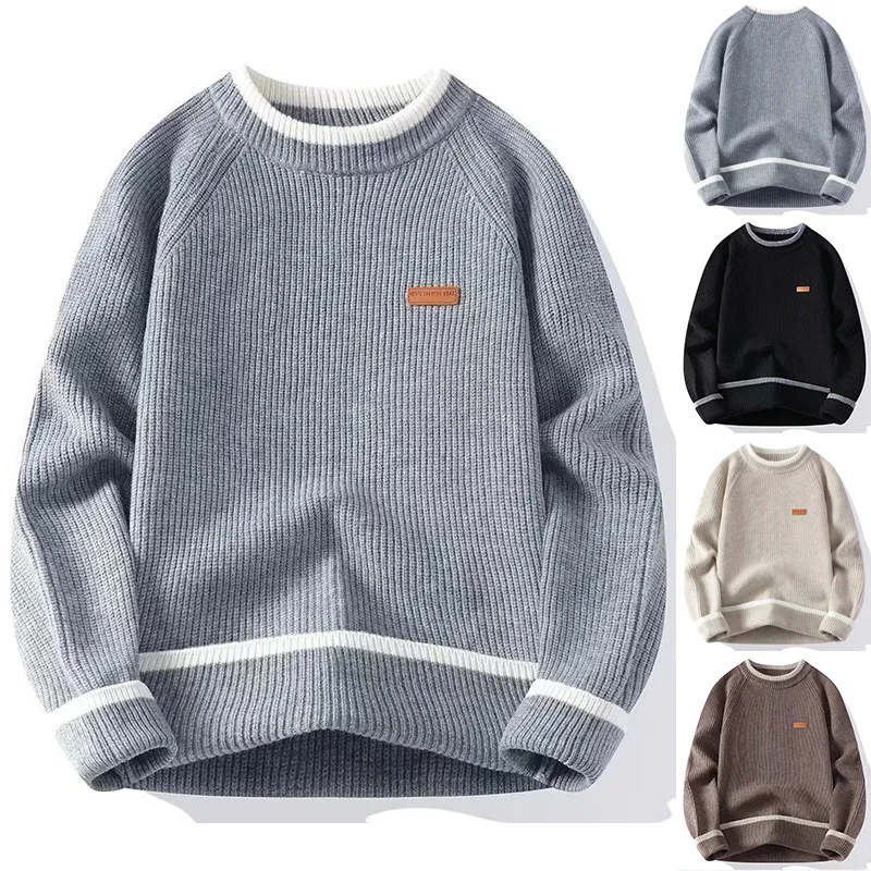 Color Matching Knitted Sweater Men's Inner Bottoming Shirt Crew Neck Business Autumn And Winter Jacket