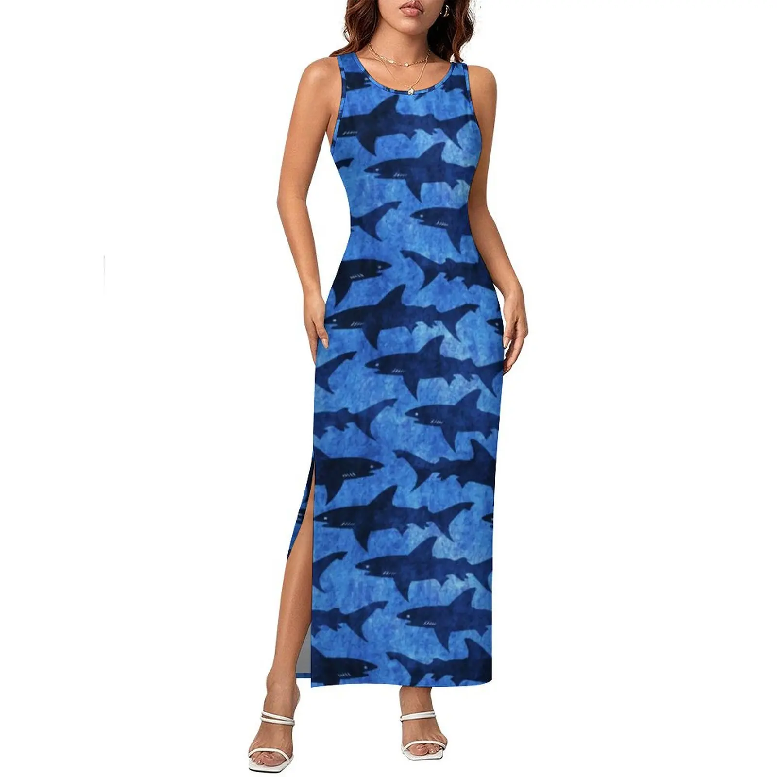 

Funny Shark Dress Sleeveless Sharks in The Deep Blue Sea Street Style Maxi Dresses Pretty Bodycon Dress Women Oversized Vestidos