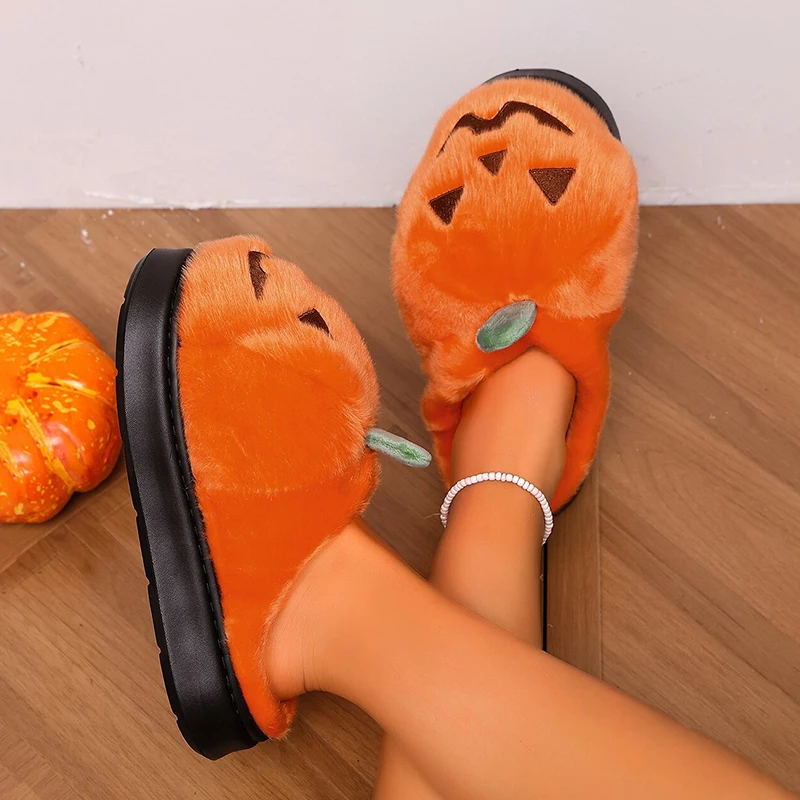 Halloween Plüsch-Hausschuhe für Damen, 3D-Kürbis-Flauschige Pantoffeln, Unisex Winter-Plattformschuhe, Rutschfeste Indoor-Feiertagsparty-Schuhe für Mädchen – Detail 6
