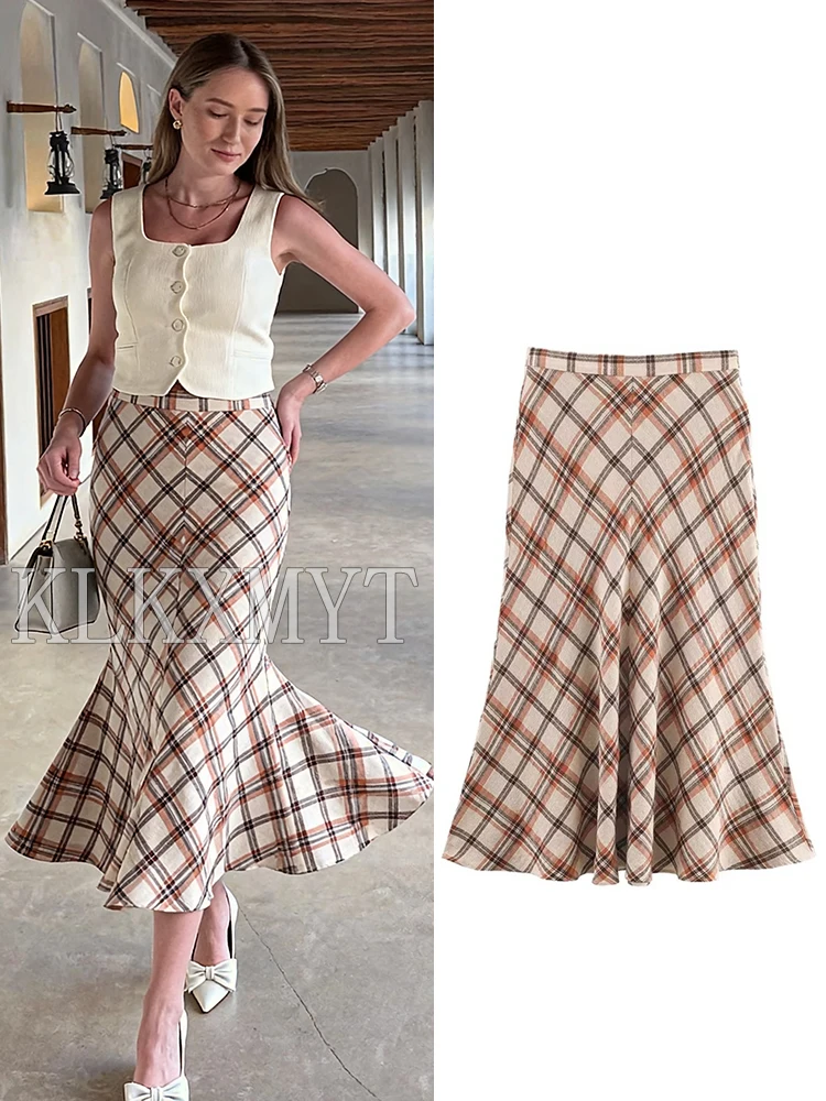 Mulheres vintage impresso midi saia 2026 nova moda xadrez elegante festa saia longa senhora alta rua saias casuais mujer ﻿