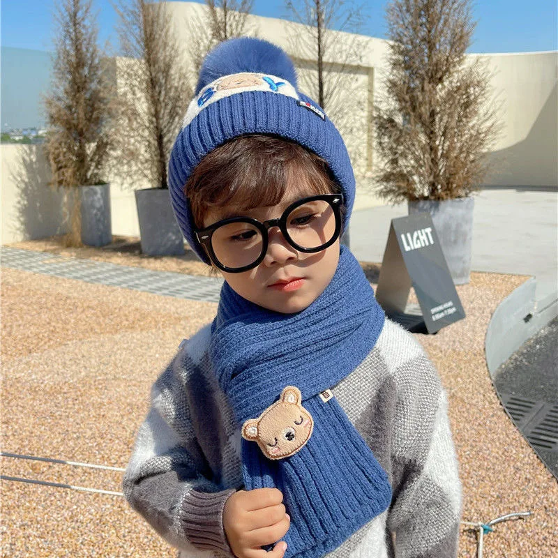 Children's Hat Scarf Two-piece Set, Winter Boys' Teddy Bear Fashion Woolen Hat, Girls' Knitted Hat