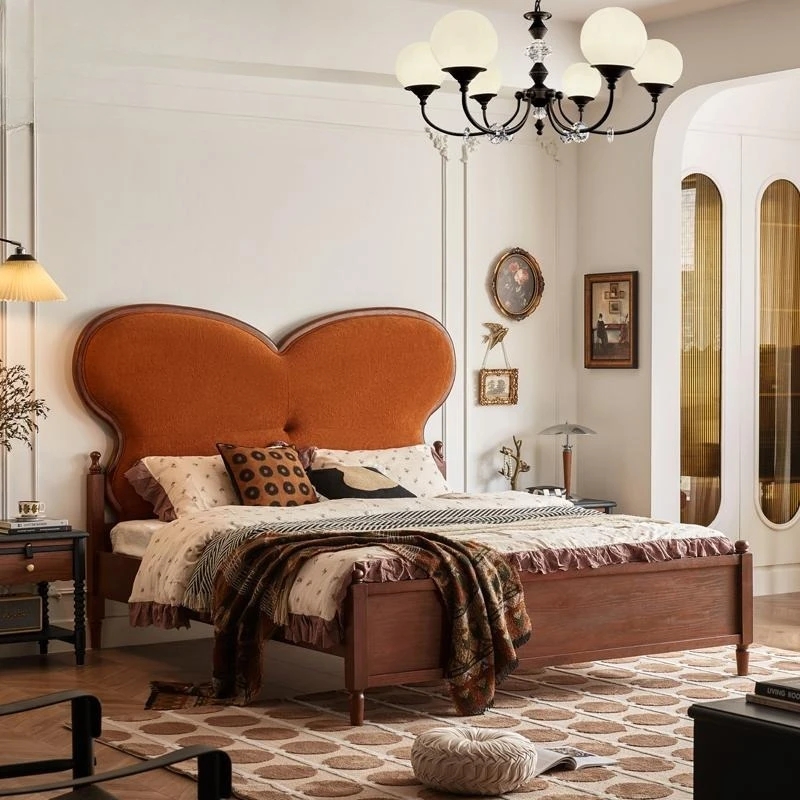 

Medieval style solid wood retro bedroom fabric bed designer new soft bag personalized butterfly bed