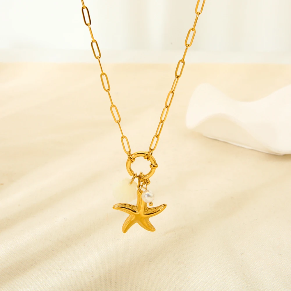 

Trendy 18K Gold Plated Stainless Steel Starfish Shell Pearl Pendant Necklace Beach Themed Jewelry for Women Perfect Summer Gift