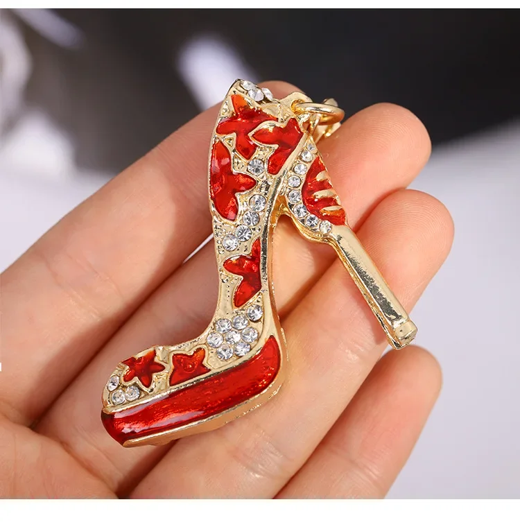 Cute Rhinestone Crystal Red Star High Heel Shoes Keychain Pentagram Shoes Key Chain Key Ring Holder Pendant Keyring