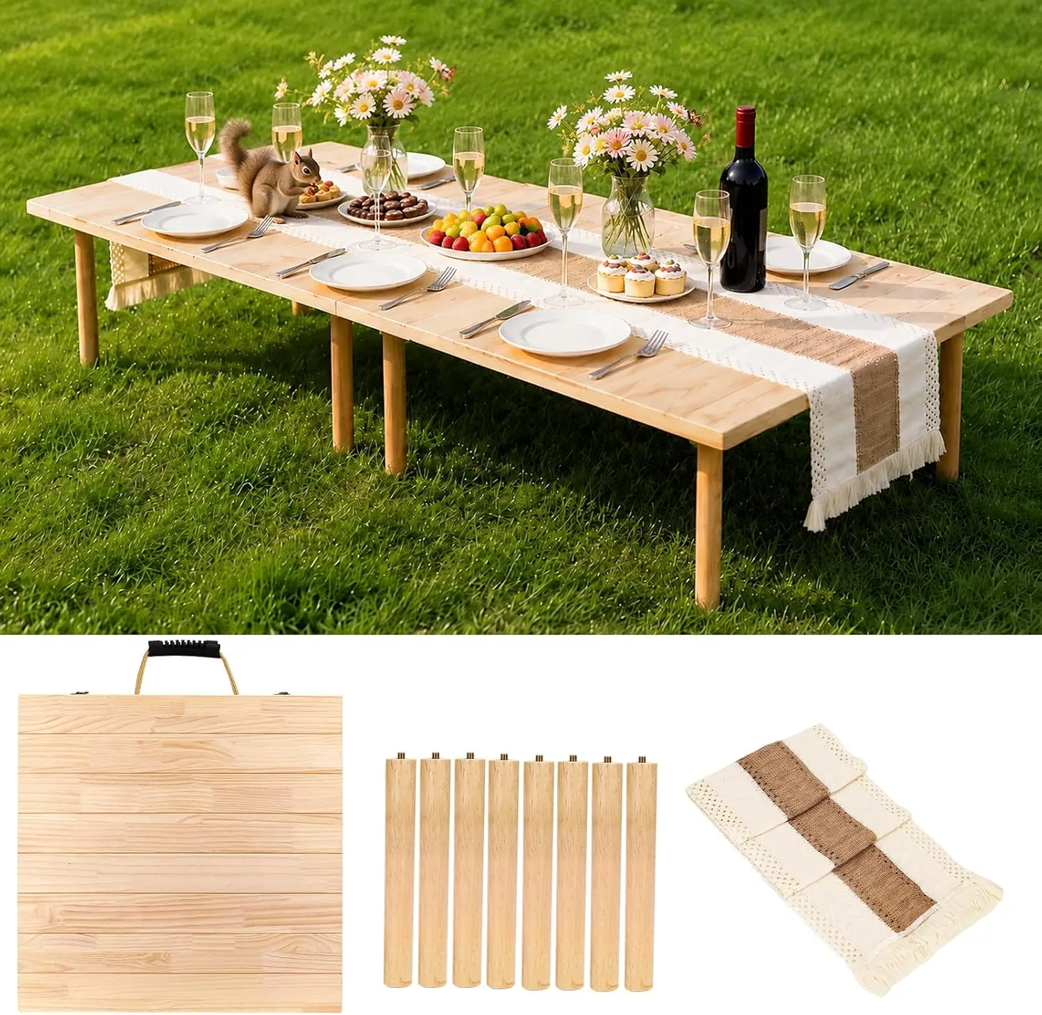 Portable Wooden Folding Picnic Table Low Floor Boho Dining Desk with Runner Large Space Saving Camp Table for Beach Garden Party Picnic Indoor Outdoor Use Seats 6 to 8 People Wood Color
