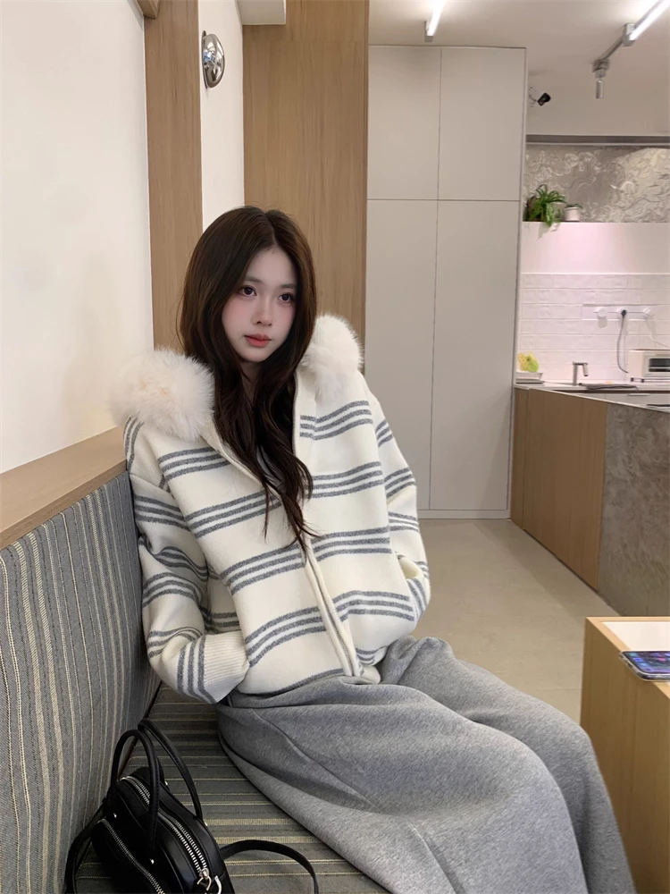 

Early Winter Striped Knit Coat with Fur Collar Long Sve Open Cardigan Lazy Sle Korean Small Size Warmth Soft Comfortable